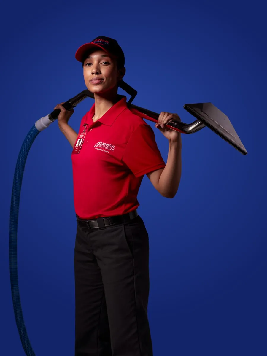 Rainbow Restoration technician in a red company polo and cap holding an extraction wand over her shoulders
