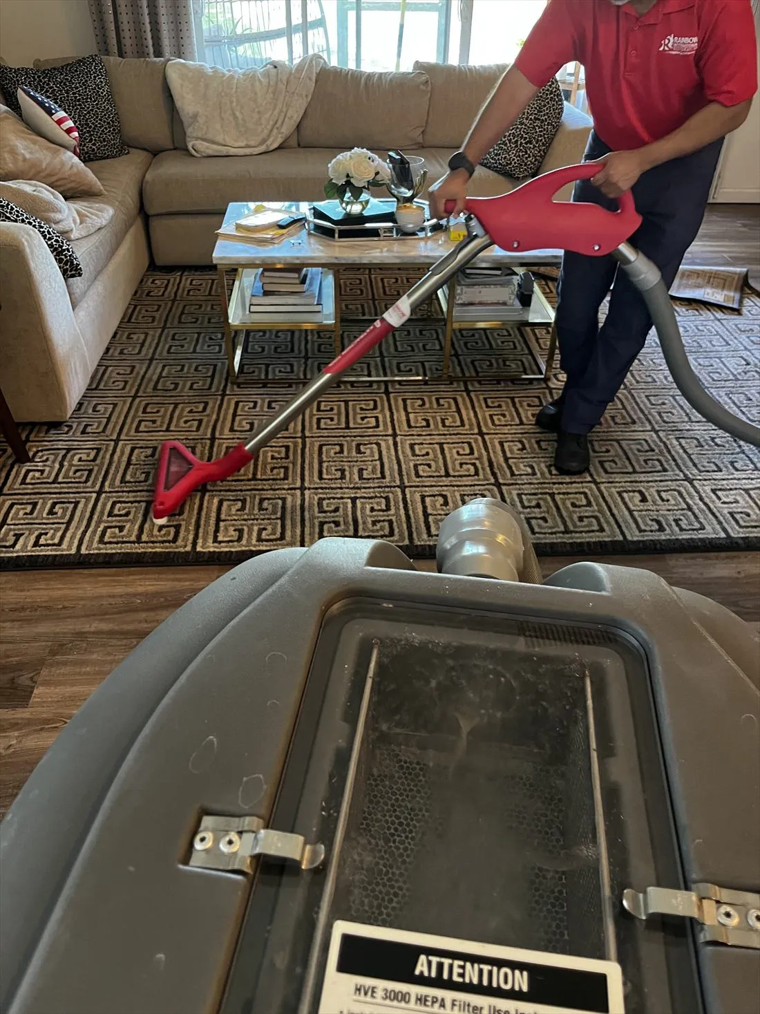 Technician in a red polo extracting water from a rug with a wand tool, extractor in the foreground
