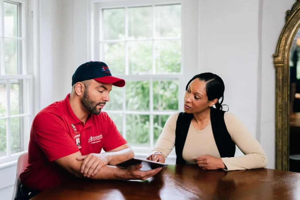 Technician discussing restoration plan with a homeowner