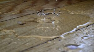 Wet hardwood sub-floor after storm water intrusion in a Florida home