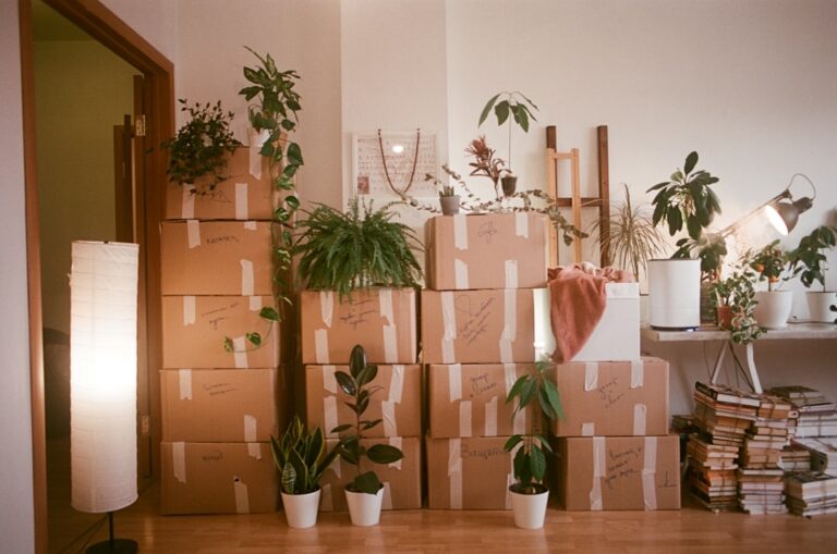 Boxes of personal belongings staged for content restoration after a Florida house fire